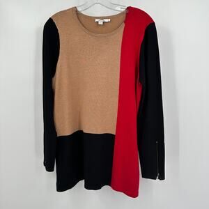 Chicos Womens Colorblock Sweater Size 1 US M Black Red Tan‎ Mod Artsy Zip Cuff